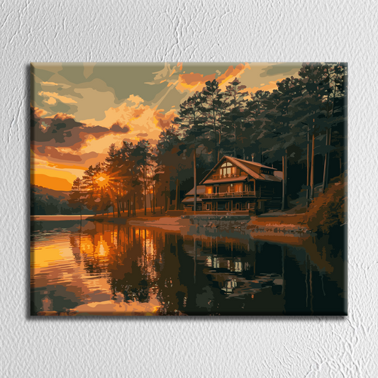 Sunset in Cabin. Paint by numbers kit. Premium quality KitArt